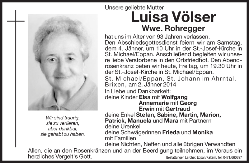  Traueranzeige für Luisa Rohregger vom 03.01.2014 aus Dolomiten