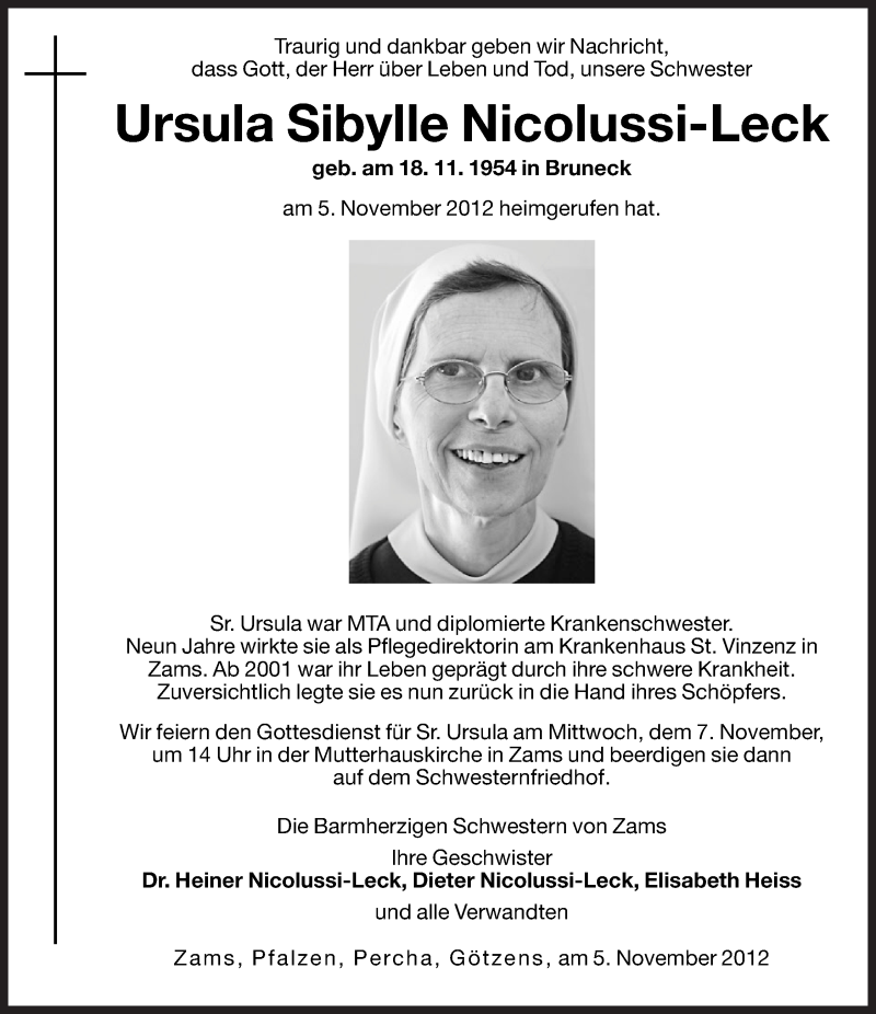  Traueranzeige für Ursula Sibylle Nicolussi-Leck vom 06.11.2012 aus Dolomiten