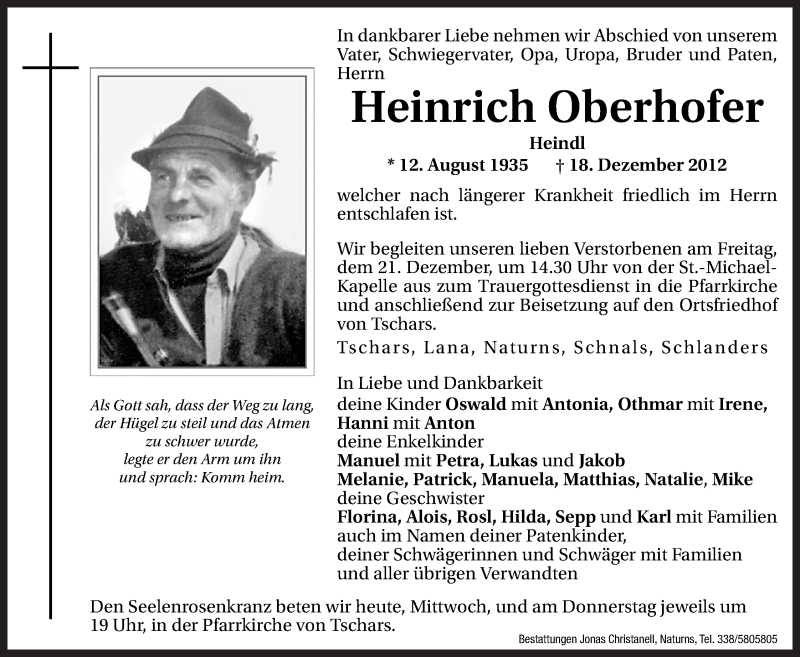  Traueranzeige für Heinrich Oberhofer vom 19.12.2012 aus Dolomiten