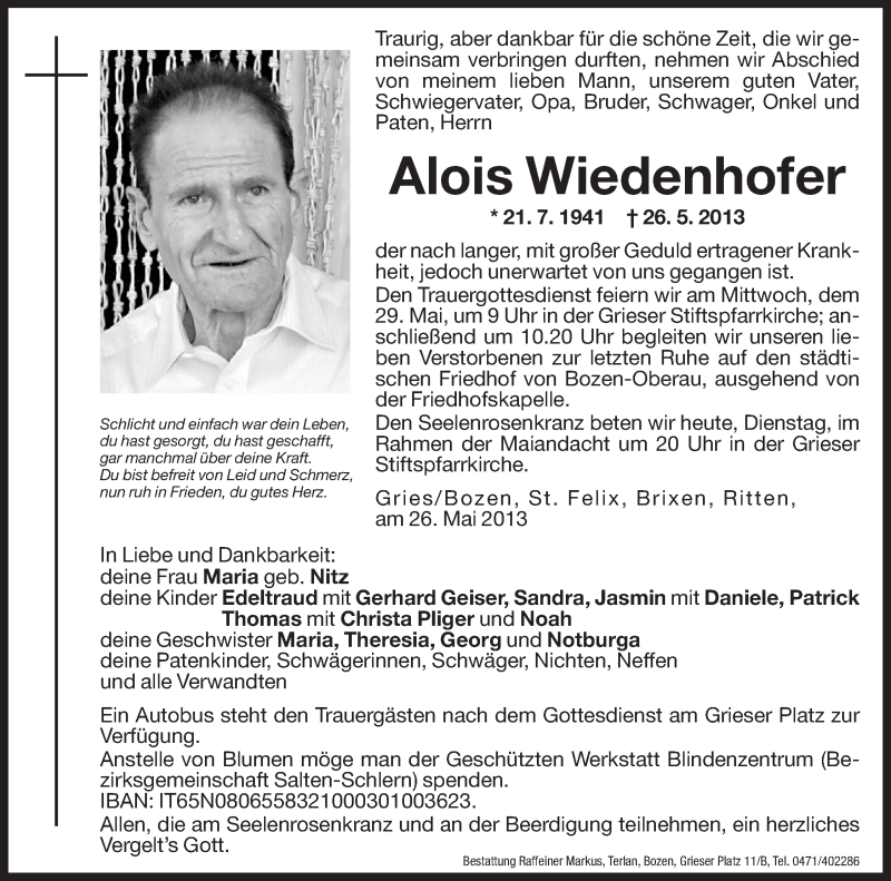  Traueranzeige für Alois Wiedenhofer vom 28.05.2013 aus Dolomiten