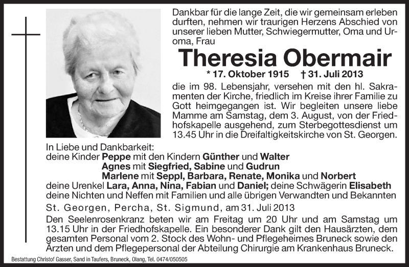  Traueranzeige für Theresia Obermair vom 02.08.2013 aus Dolomiten