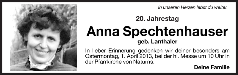  Traueranzeige für Anna Spechtenhauser vom 29.03.2013 aus Dolomiten