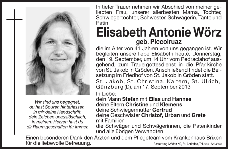  Traueranzeige für Elisabeth Antonie  Wörz vom 19.09.2013 aus Dolomiten