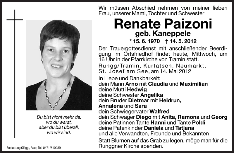  Traueranzeige für Renate Paizoni vom 16.05.2012 aus Dolomiten