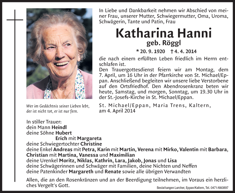  Traueranzeige für Katharina Hanni vom 05.04.2014 aus Dolomiten