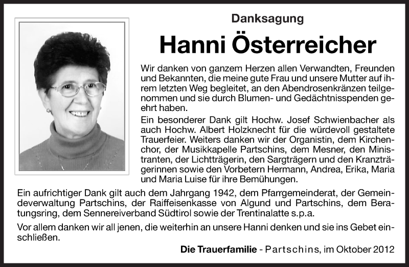  Traueranzeige für Hanni Österreicher vom 31.10.2012 aus Dolomiten