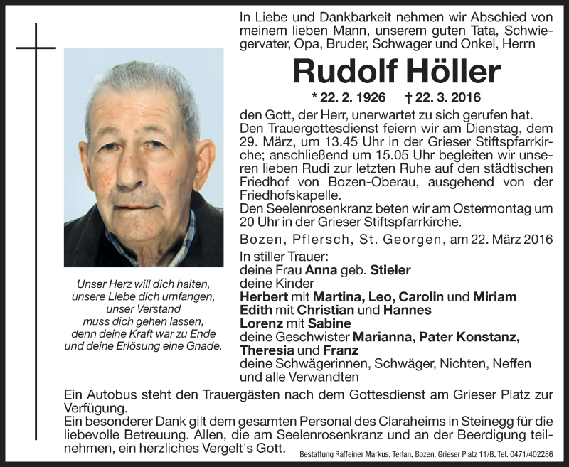  Traueranzeige für Rudolf Höller vom 25.03.2016 aus Dolomiten