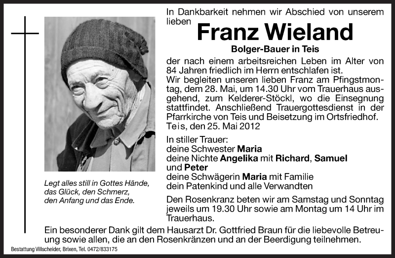  Traueranzeige für Franz Wieland vom 26.05.2012 aus Dolomiten