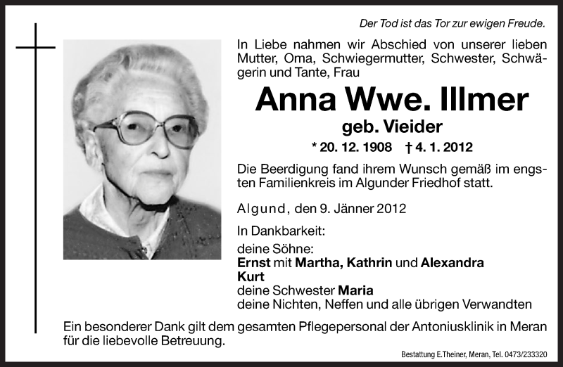  Traueranzeige für Anna Illmer vom 09.01.2012 aus Dolomiten