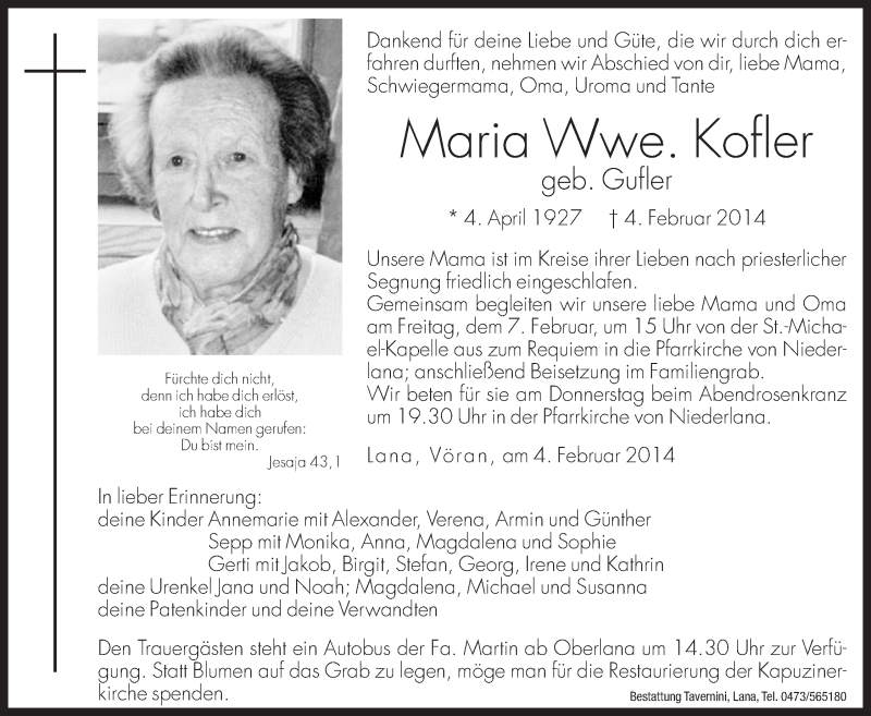  Traueranzeige für Maria Kofler vom 06.02.2014 aus Dolomiten