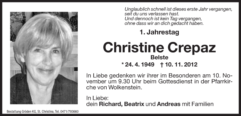  Traueranzeige für Christine Crepaz vom 08.11.2013 aus Dolomiten