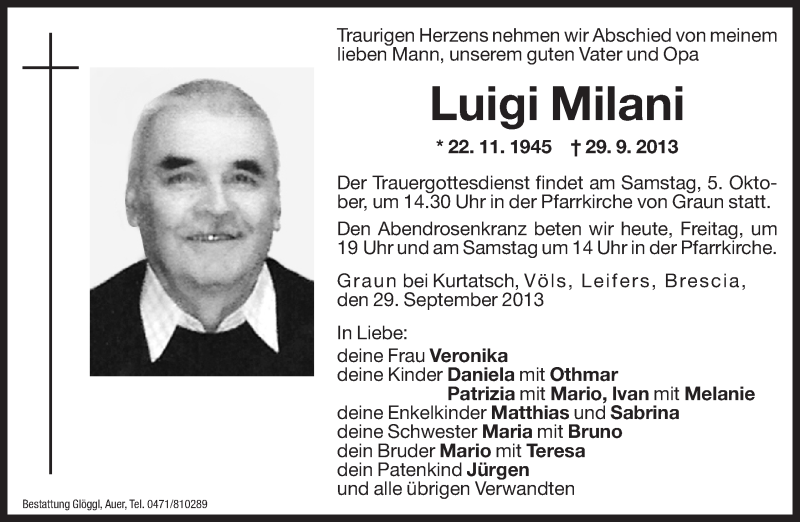  Traueranzeige für Luigi Milani vom 04.10.2013 aus Dolomiten