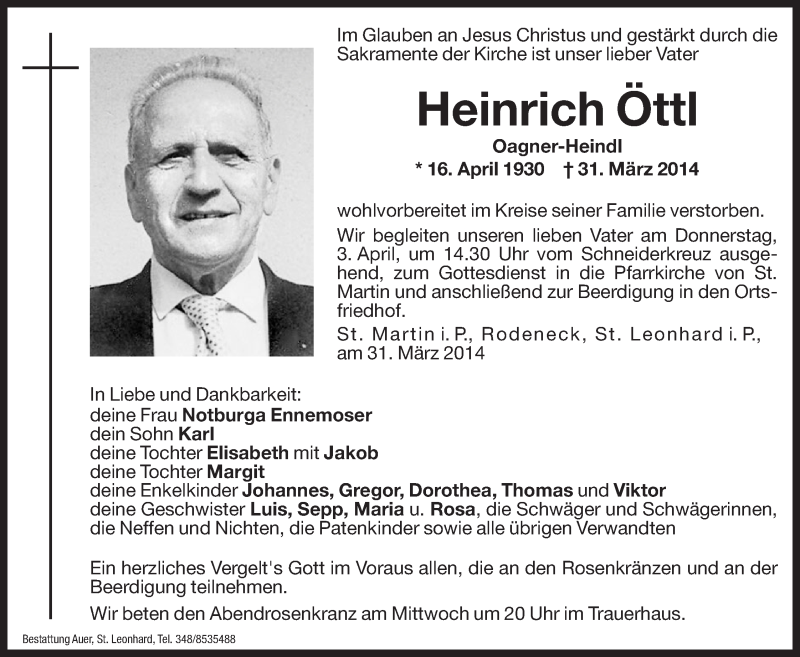  Traueranzeige für Heinrich Öttl vom 02.04.2014 aus Dolomiten