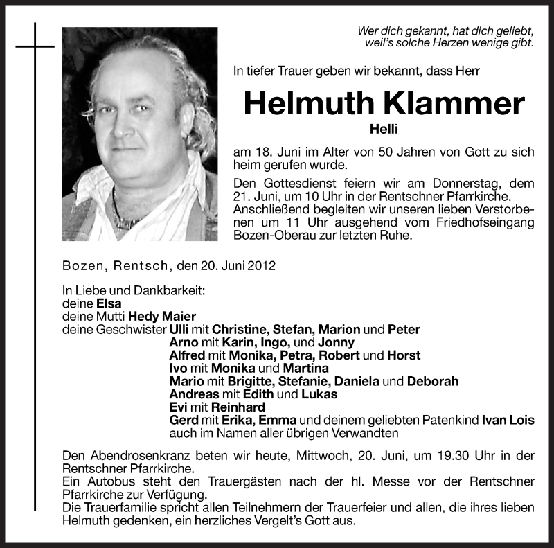  Traueranzeige für Helmuth Klammer vom 20.06.2012 aus Dolomiten