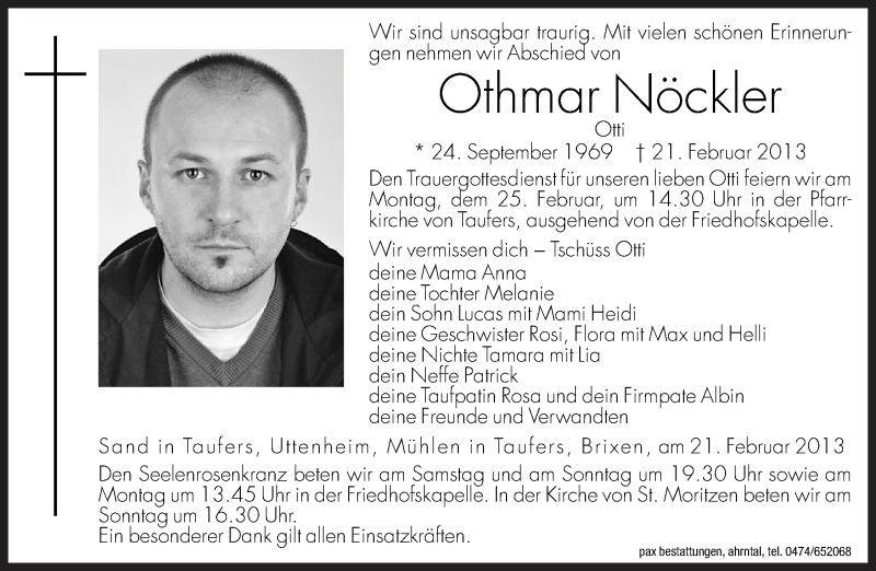  Traueranzeige für Othmar Nöckler vom 23.02.2013 aus Dolomiten