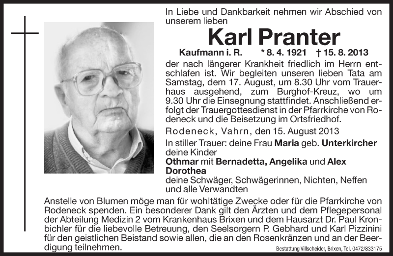  Traueranzeige für Karl Pranter vom 17.08.2013 aus Dolomiten