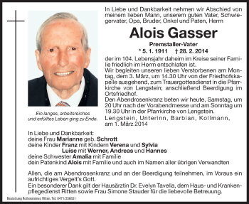 Traueranzeige von Alois Gasser von Dolomiten