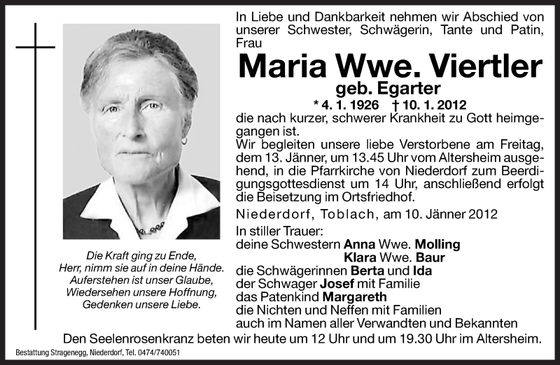  Traueranzeige für Maria Viertler vom 12.01.2012 aus Dolomiten