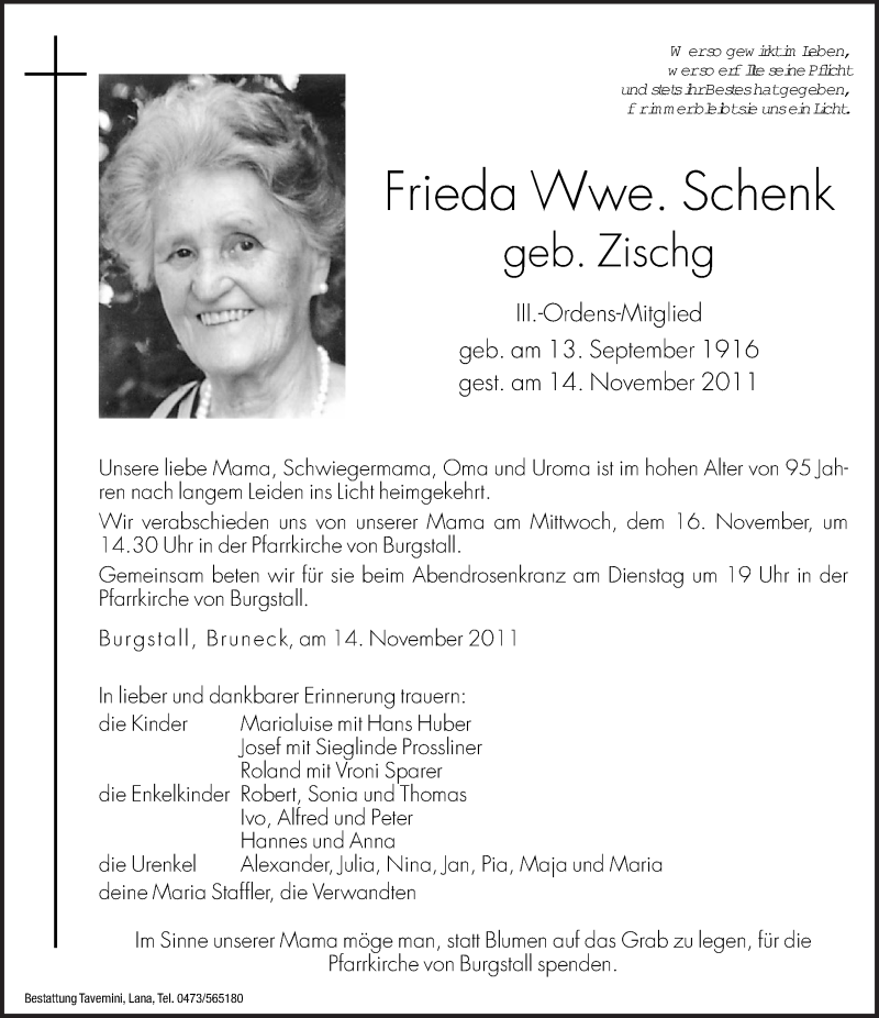  Traueranzeige für Frieda Schenk vom 15.11.2011 aus Dolomiten