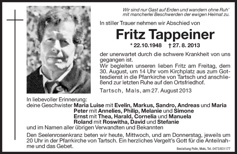  Traueranzeige für Fritz Tappeiner vom 28.08.2013 aus Dolomiten