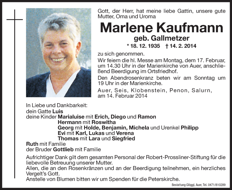  Traueranzeige für Marlene Kaufmann vom 15.02.2014 aus Dolomiten