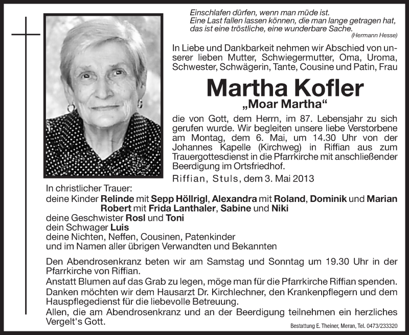  Traueranzeige für Martha Kofler vom 04.05.2013 aus Dolomiten