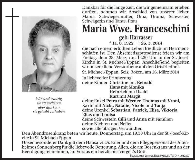  Traueranzeige für Maria Franceschini vom 27.03.2014 aus Dolomiten