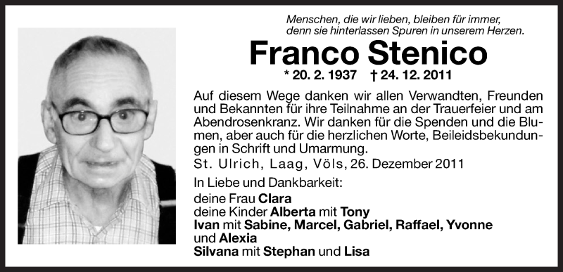  Traueranzeige für Franco Stenico vom 27.12.2011 aus Dolomiten