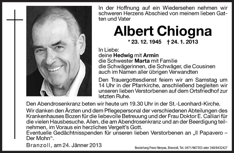  Traueranzeige für Albert Chiogna vom 25.01.2013 aus Dolomiten