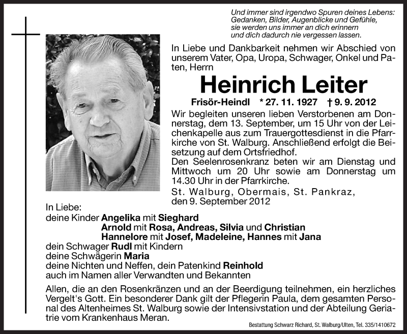  Traueranzeige für Heinrich Leiter vom 11.09.2012 aus Dolomiten