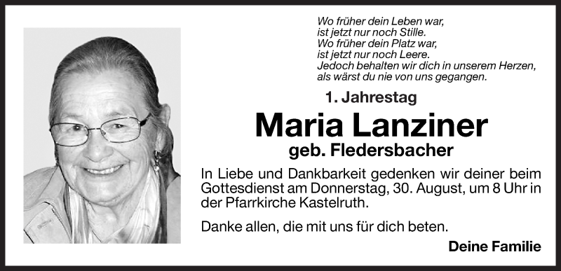  Traueranzeige für Maria Lanziner vom 29.08.2012 aus Dolomiten