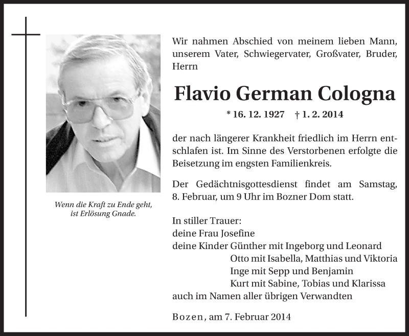  Traueranzeige für Flavio German Cologna vom 07.02.2014 aus Dolomiten