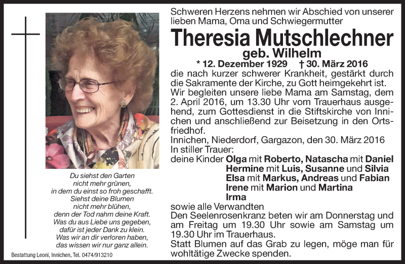  Traueranzeige für Theresia Mutschlechner vom 31.03.2016 aus Dolomiten