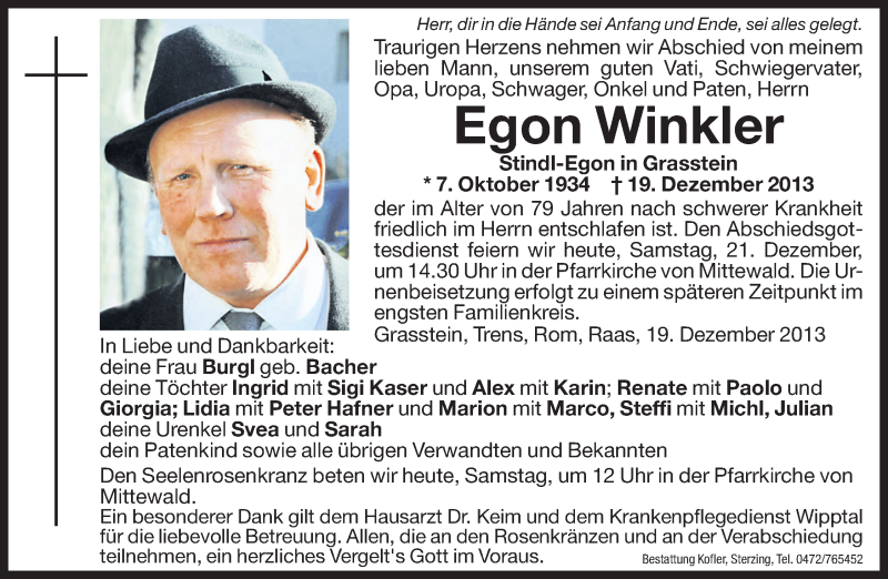  Traueranzeige für Egon Winkler vom 21.12.2013 aus Dolomiten