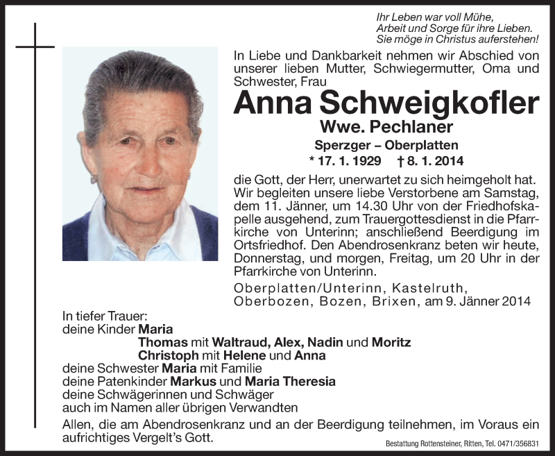  Traueranzeige für Anna Schweigkofler vom 09.01.2014 aus Dolomiten