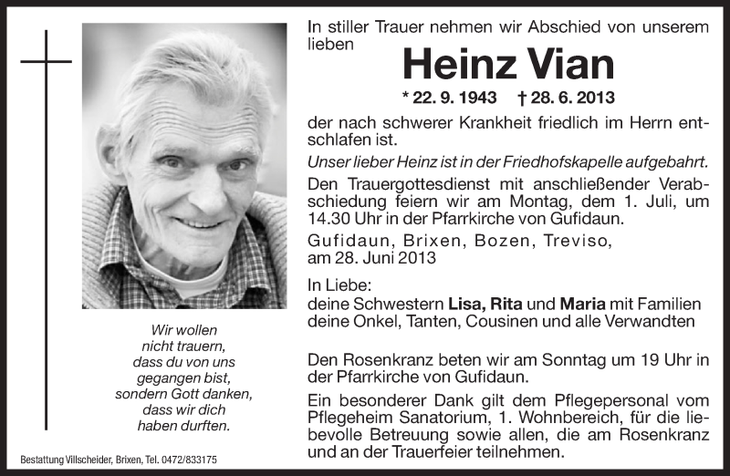  Traueranzeige für Heinz Vian vom 29.06.2013 aus Dolomiten