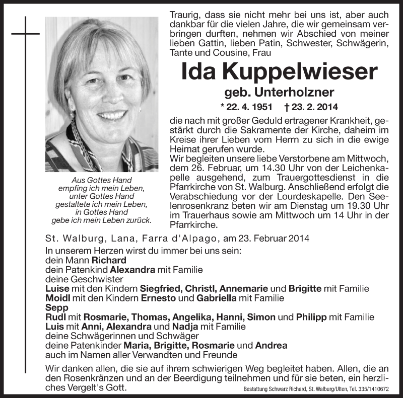  Traueranzeige für Ida Kuppelwieser vom 25.02.2014 aus Dolomiten