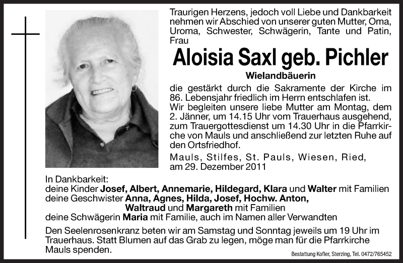  Traueranzeige für Aloisia Saxl vom 31.12.2011 aus Dolomiten