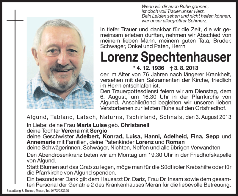  Traueranzeige für Lorenz Spechtenhauser vom 05.08.2013 aus Dolomiten