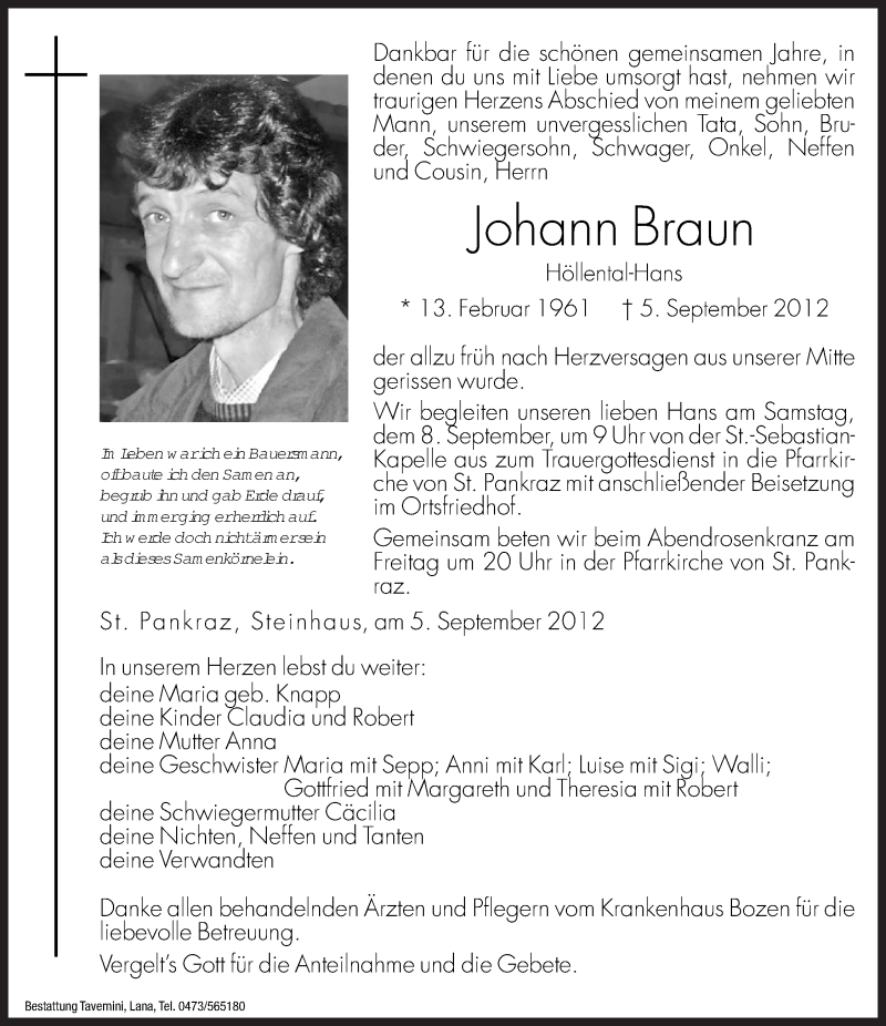  Traueranzeige für Johann Braun vom 07.09.2012 aus Dolomiten