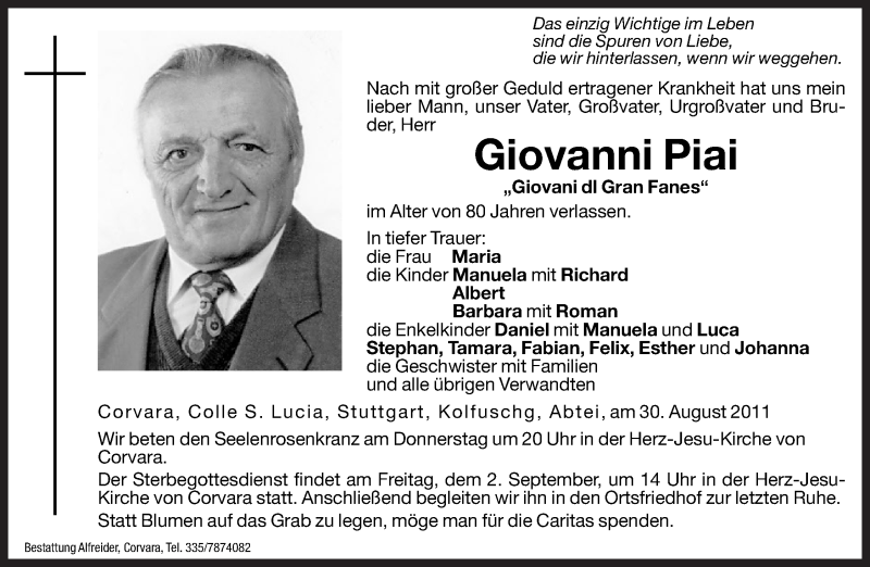  Traueranzeige für Giovanni Piai vom 01.09.2011 aus Dolomiten