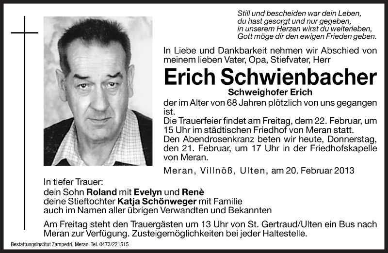  Traueranzeige für Erich Schwienbacher vom 21.02.2013 aus Dolomiten