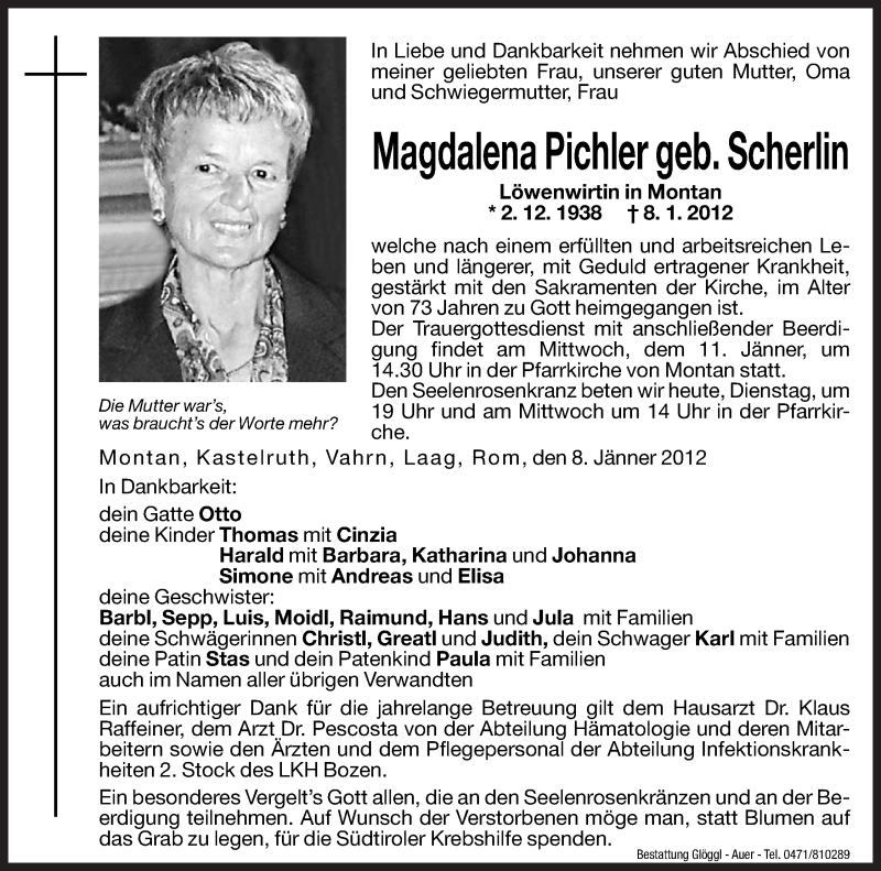  Traueranzeige für Magdalena Pichler vom 10.01.2012 aus Dolomiten