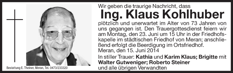  Traueranzeige für Klaus Kohlhuber vom 20.06.2014 aus Dolomiten