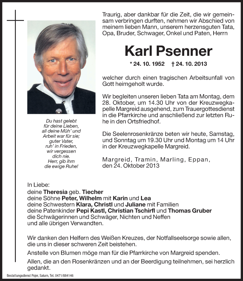  Traueranzeige für Karl Psenner vom 26.10.2013 aus Dolomiten