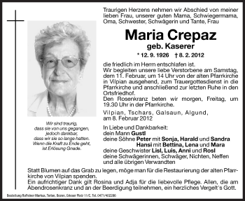 Traueranzeige von Maria Crepaz von Dolomiten