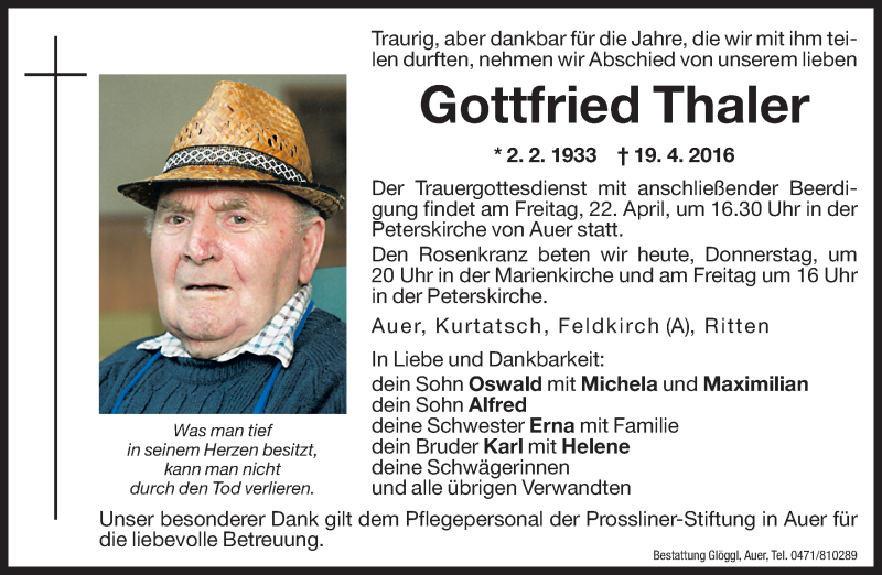  Traueranzeige für Gottfried Thaler vom 21.04.2016 aus Dolomiten