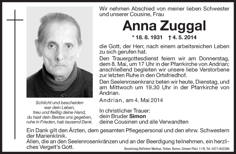  Traueranzeige für Anna Zuggal vom 06.05.2014 aus Dolomiten