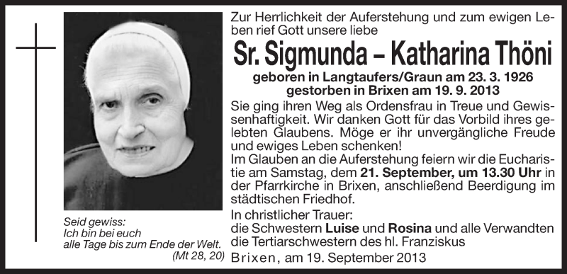  Traueranzeige für Sigmunda-Katharina Thöni vom 20.09.2013 aus Dolomiten