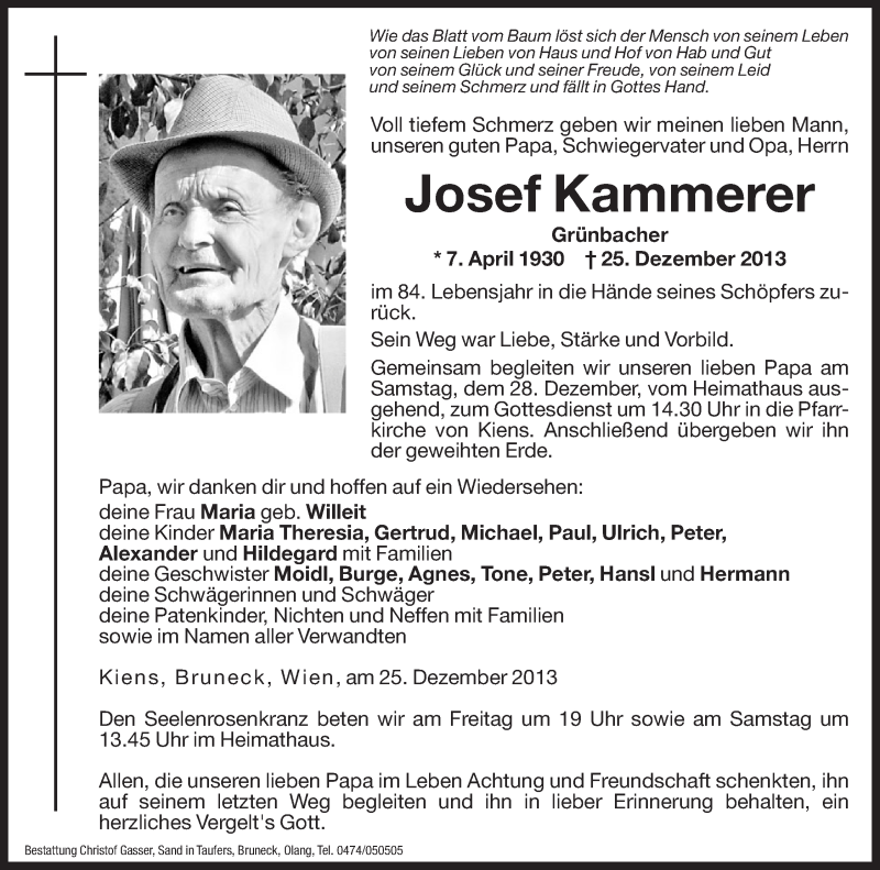  Traueranzeige für Josef Kammerer vom 27.12.2013 aus Dolomiten